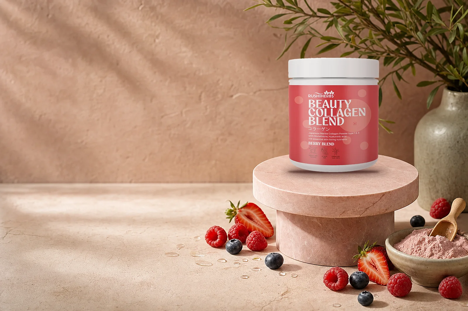 Rushi Herbs Beauty Collagen Blend jar with fresh berries