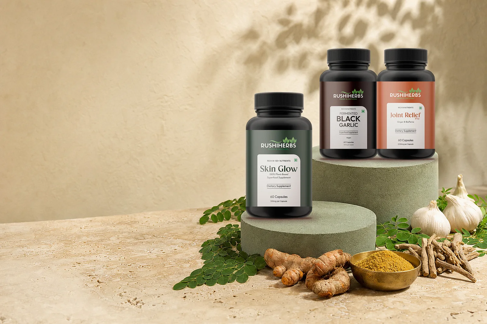 Rushi Herbs Skin Glow, Black Garlic and Joint Relief Pro bottles with moringa, turmeric and garlic
