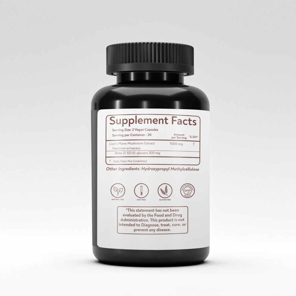 Supplement facts label for Rushi Herbs Lion's Mane