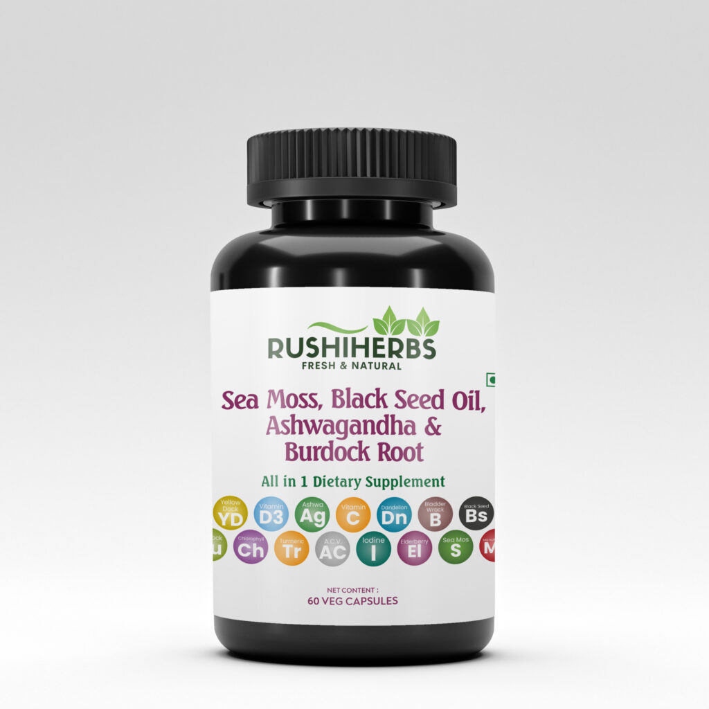 Rushi Herbs Sea Moss, Black Seed, Ashwagandha & Burdock Root Blend with Vitamin C & D3 - 60 Vegan Capsules