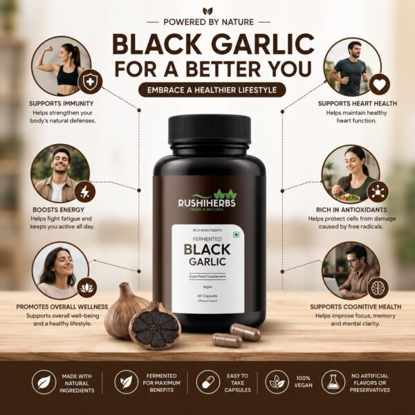 Rushi Herbs Fermented Black Garlic Capsules - 1000mg - 60 Vegan Capsules