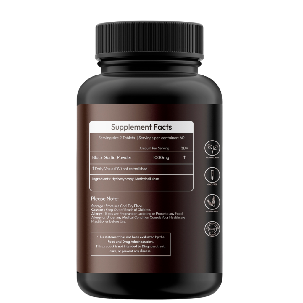 Supplement facts: Black garlic powder 1000mg per serving of 2 capsules. Ingredients: hydroxypropyl methylcellulose (capsule).