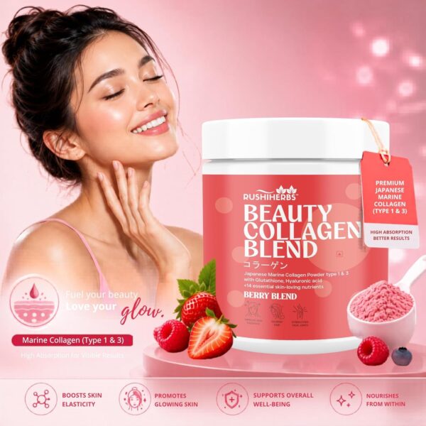Rushi Herbs Beauty Collagen Blend - Japanese Marine Collagen with Glutathione & Hyaluronic Acid - Mixed Berry 200g