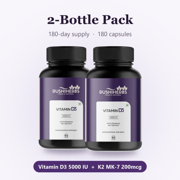 Rushi Herbs Vitamin D3 5000 IU with Vitamin K2 MK-7 200mcg - 90 Veg Capsules