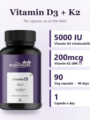 Rushi Herbs Vitamin D3 + K2 - 5000 IU vitamin D3 and 200mcg vitamin K2 MK-7 per capsule, 90 veg capsules